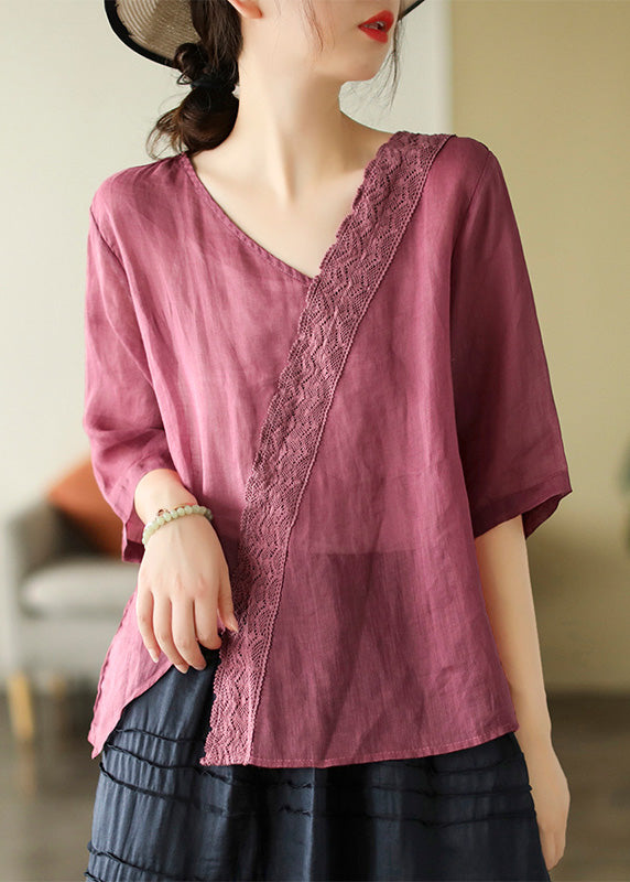 Brief Mulberry V Neck Embroideried Lace Patchwork Linen Top Short Sleeve