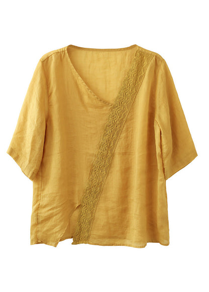 Brief Mulberry V Neck Embroideried Lace Patchwork Linen Top Short Sleeve