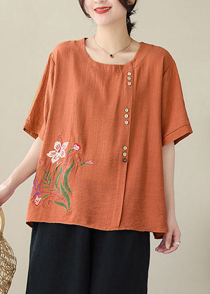 Brief Orange Embroideried Loose Top Summer