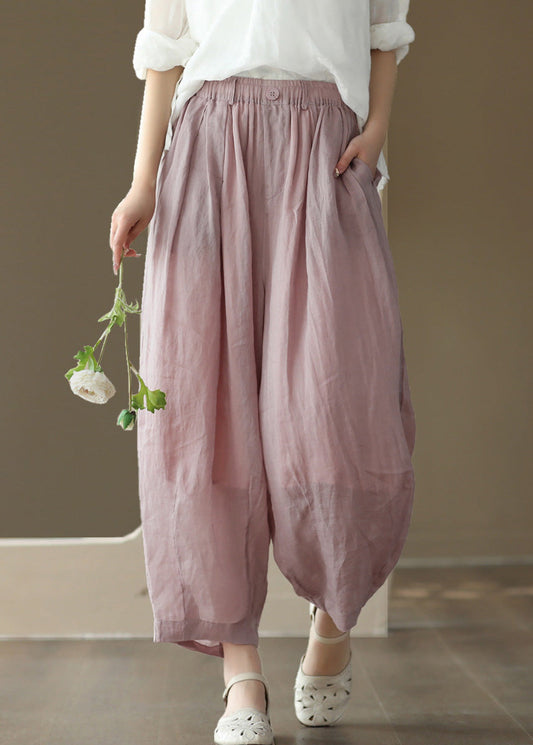Brief Pink Elastic Waist Wide Ramie Leg Pants Summer