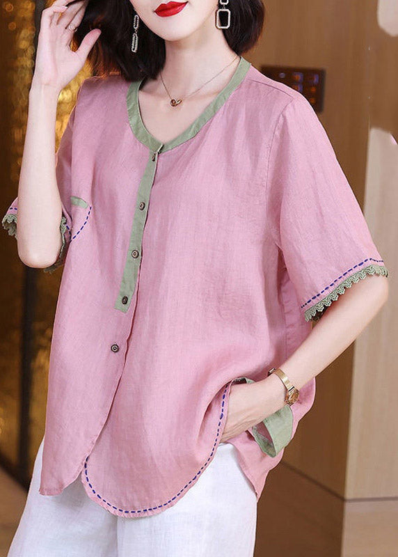 Brief Pink O-neck Patchwork Button Linen Shirts Short Sleeve