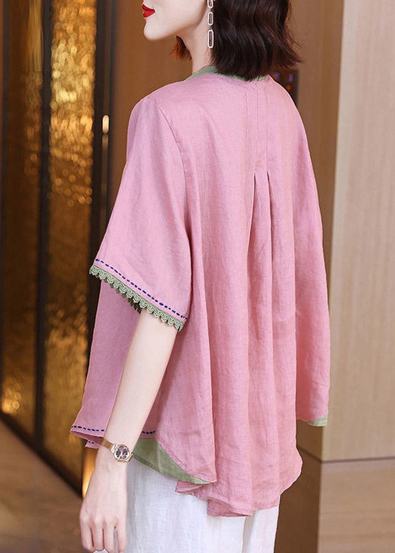 Brief Pink O-neck Patchwork Button Linen Shirts Short Sleeve
