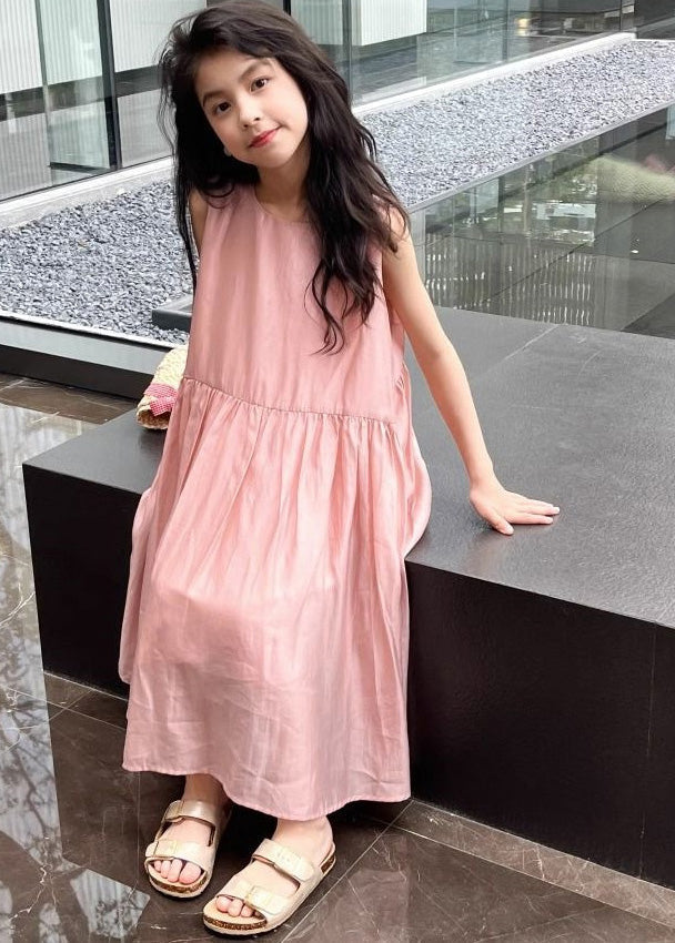 Brief Pink O-neck Patchwork Silk Kids Maxi Dresses Summer