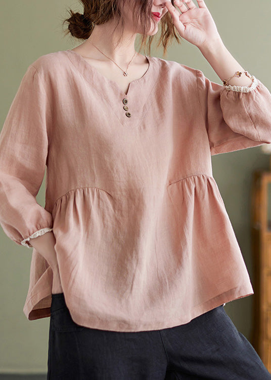 Brief Pink O-neck Wrinkled Button Top Long Sleeve