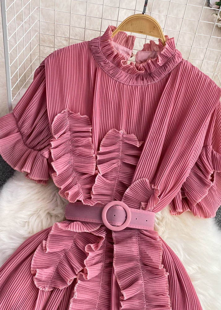 Brief Pink Stand Collar a Line Long Dress Flare Sleeve