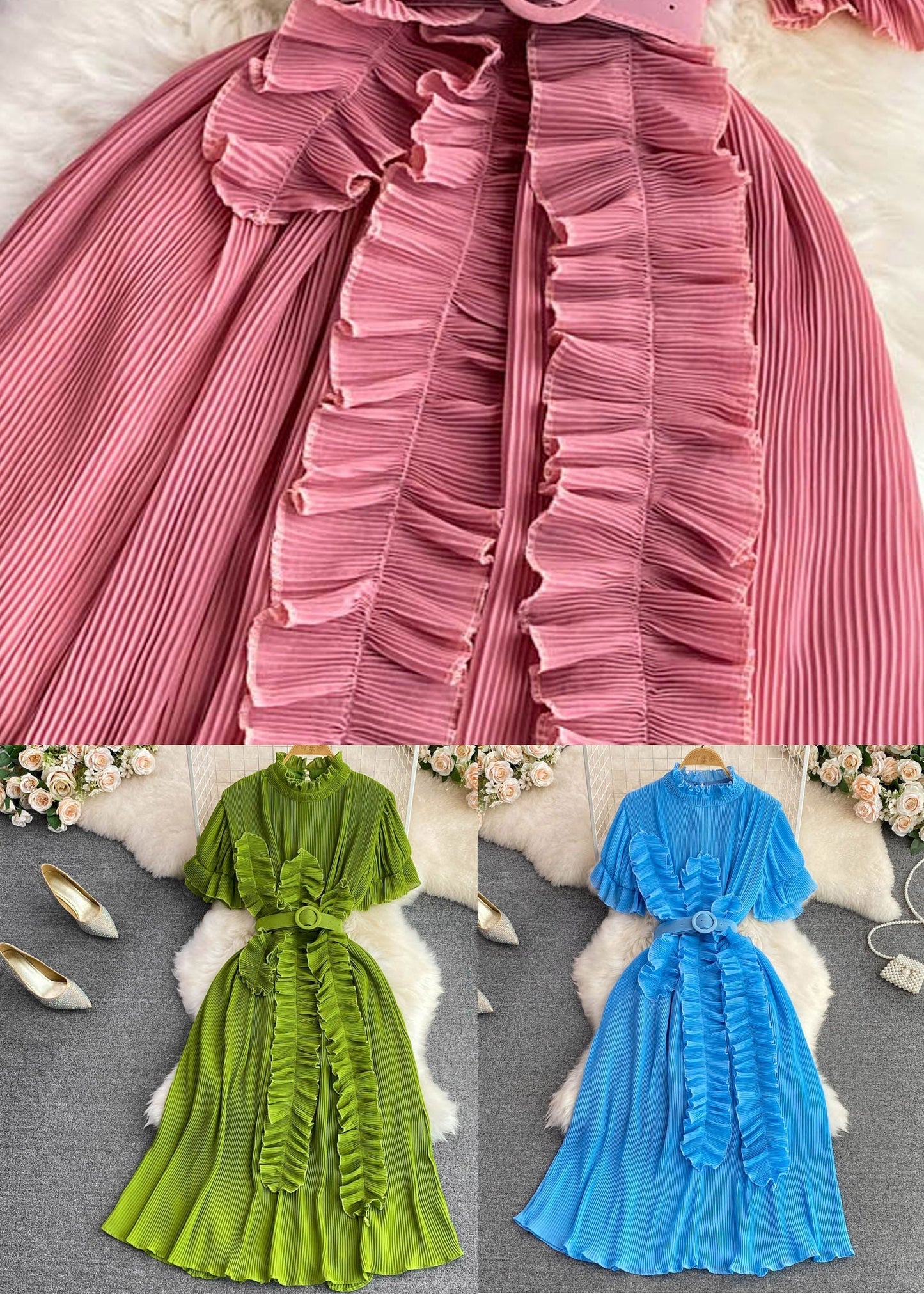 Brief Pink Stand Collar a Line Long Dress Flare Sleeve
