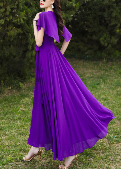 Brief Purple O-neck Patchwork Tie Waist Chiffon Holiday Maxi Dresses Short Sleeve