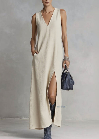 Brief Ramie V Neck Pockets Patchwork Maxi Dresses Summer