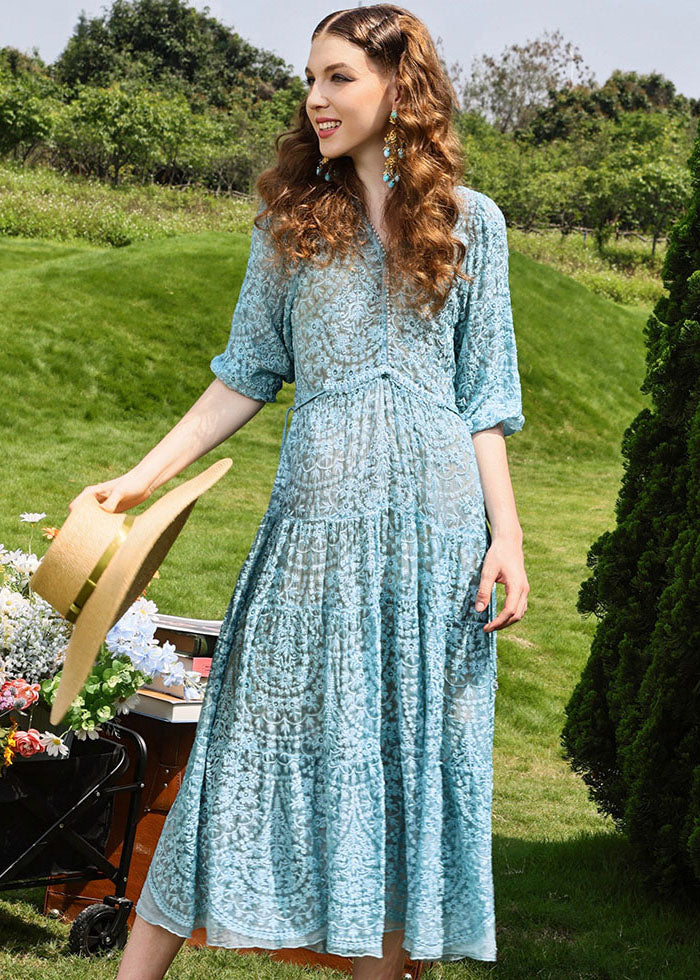 Brief Sky Blue Embroidered Hollow Out Silk Long Dresses Half Sleeve