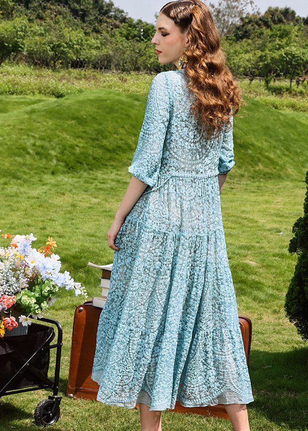 Brief Sky Blue Embroidered Hollow Out Silk Long Dresses Half Sleeve