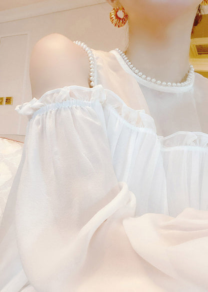 Brief White O-neck Ruffled Wrinkled Silk Long Dress Flare Sleeve