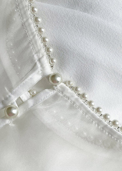 Brief White O-neck Ruffled Wrinkled Silk Long Dress Flare Sleeve