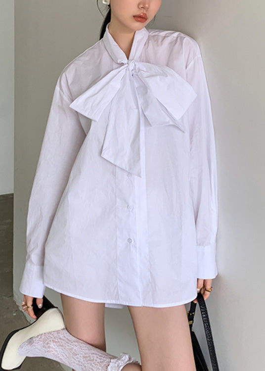 Brief White Stand Collar Bow Button Shirt Spring