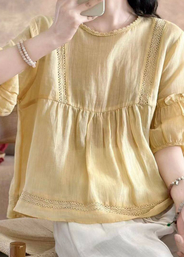Brief Yellow O-neck Wrinkled Linen Top Half Sleeve