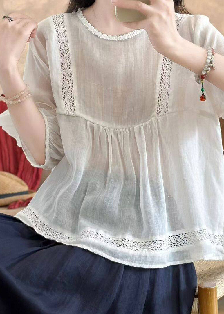 Brief Yellow O-neck Wrinkled Linen Top Half Sleeve