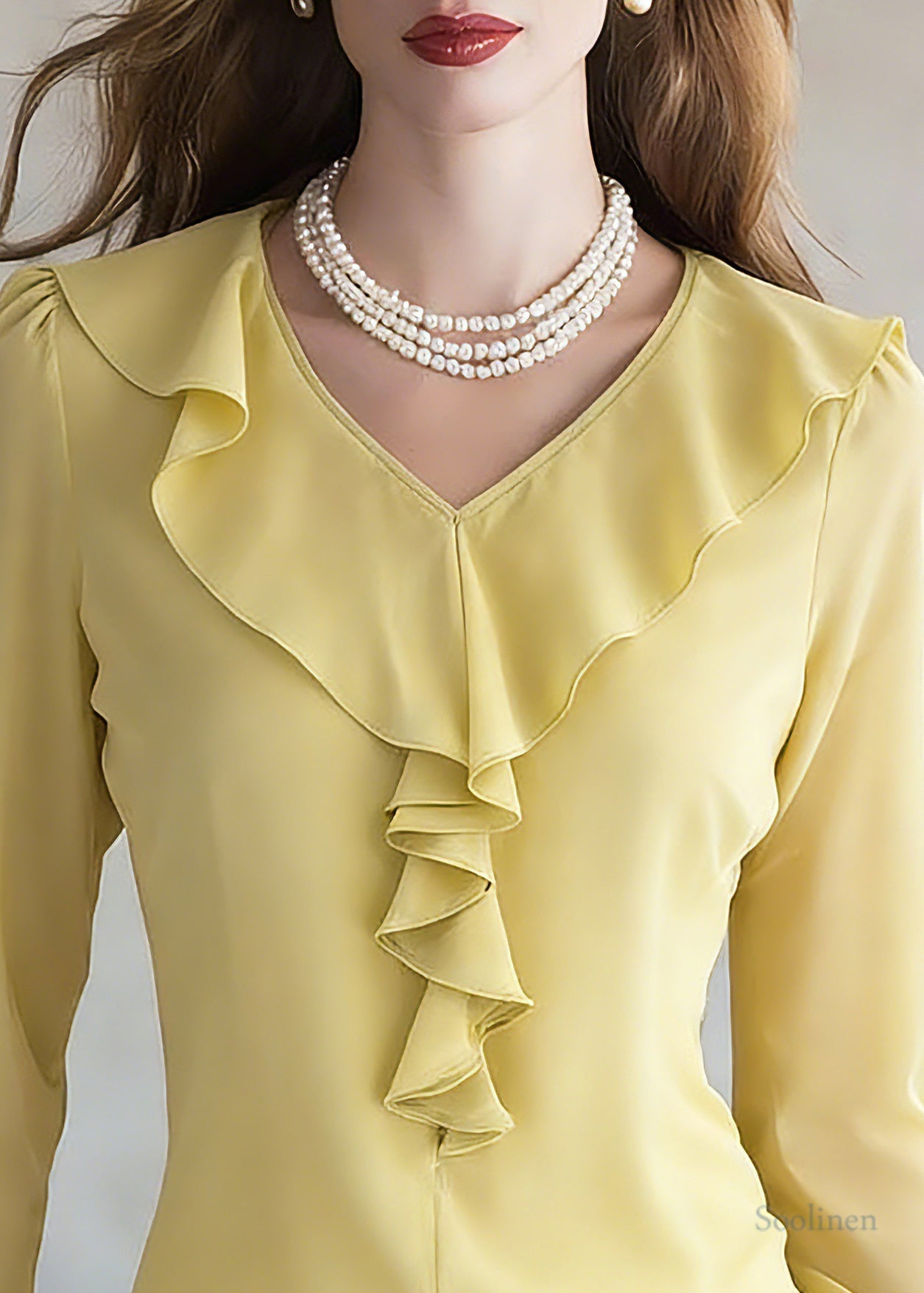 Brief Yellow V Neck Solid Silk Shirt Spring