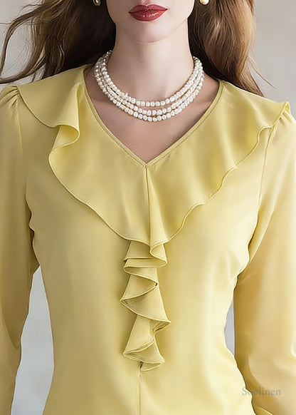 Brief Yellow V Neck Solid Silk Shirt Spring
