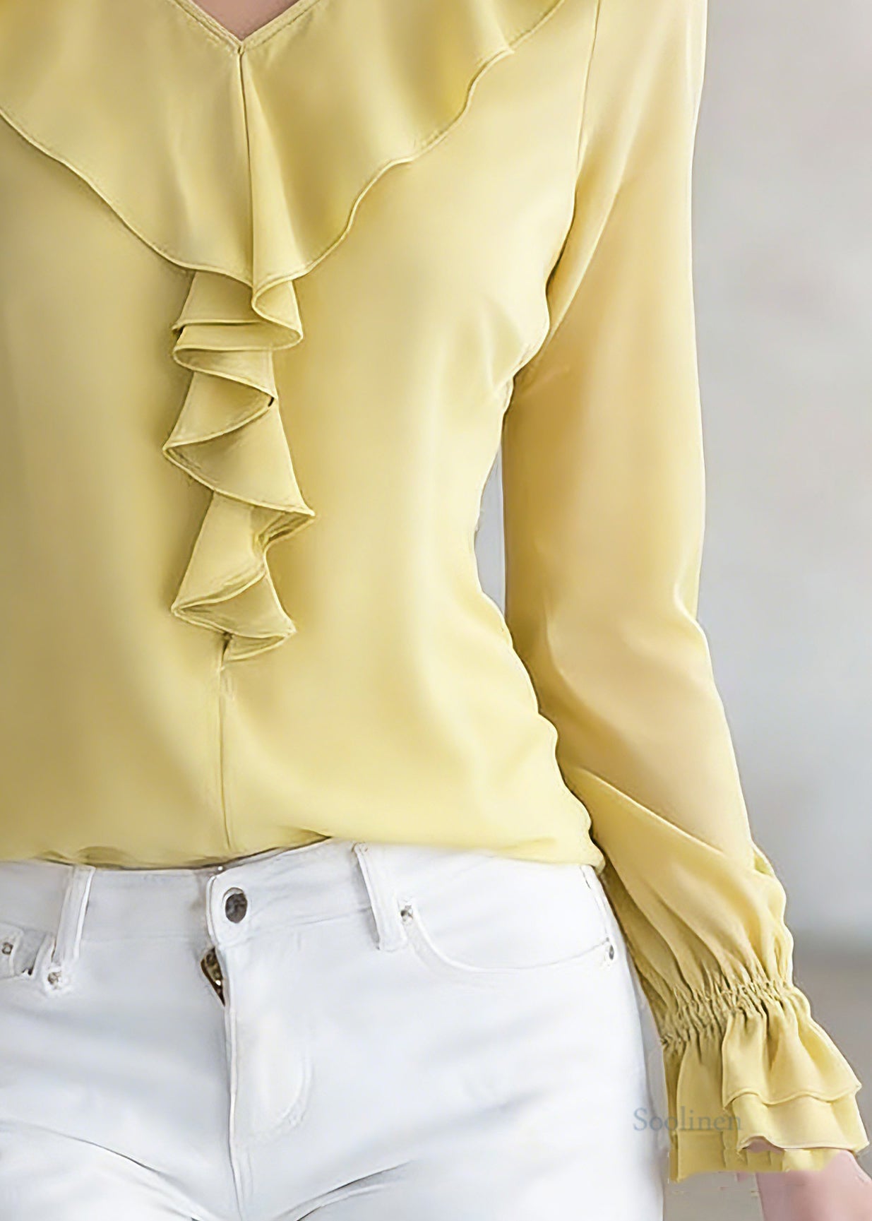 Brief Yellow V Neck Solid Silk Shirt Spring
