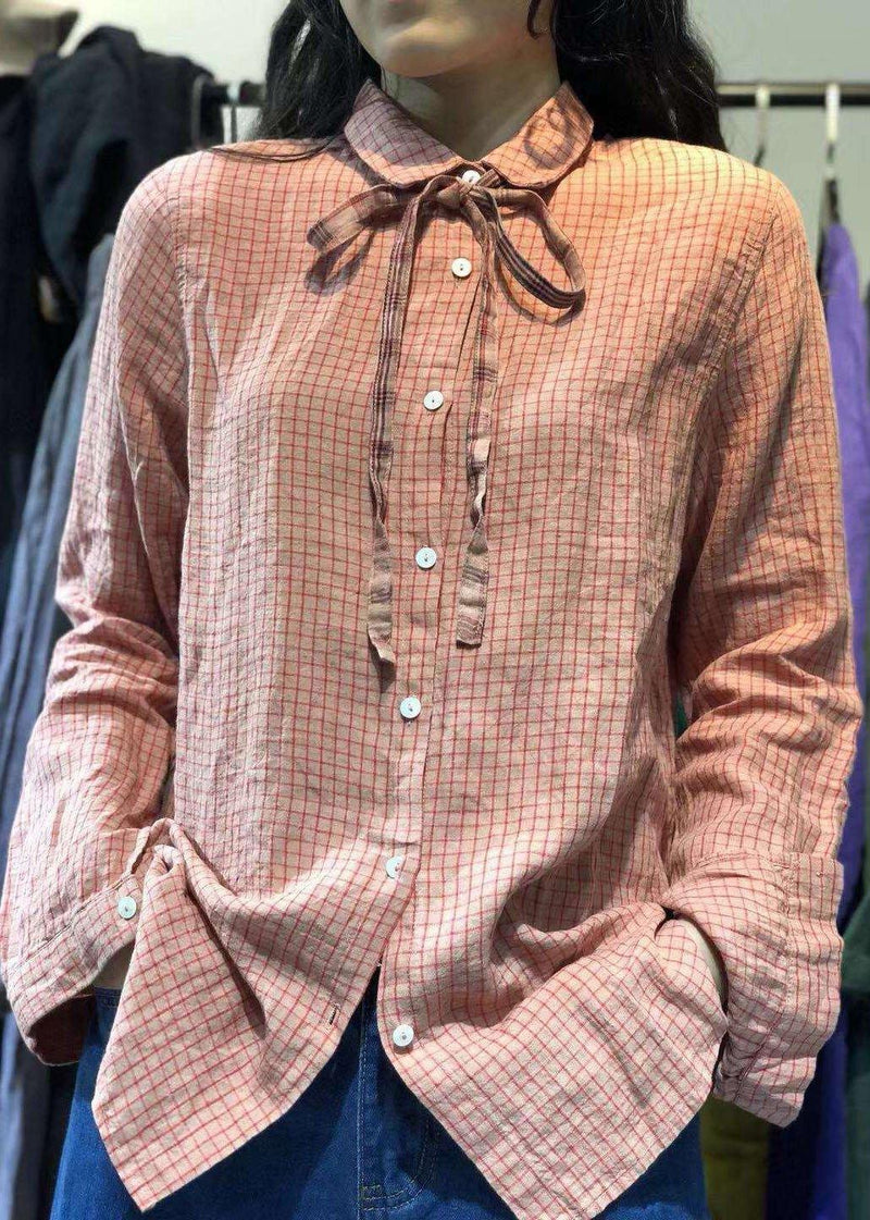 Brief Small Plaid Linen Blended Long Sleeve Tops