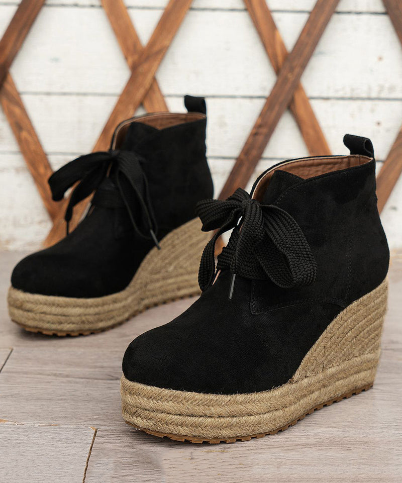 Brown Boots Lace Up Suede Straw Woven Wedge Heels Boots