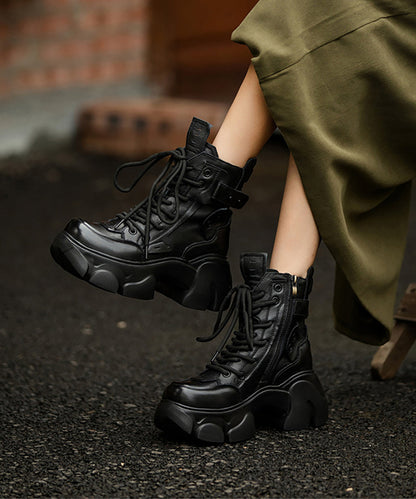 Brown Boots Platform Cowhide Leather Splicing Fuzzy Wool Lined