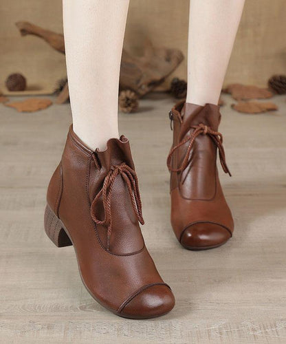 Brown Chunky Cowhide Leather Simple Splicing Ankle Boots