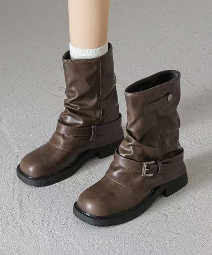 Brown Chunky Faux Leather Splicing Boots