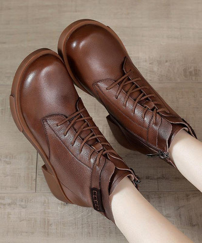 Brown Cowhide Leather Boots Cross Strap Ankle Boots