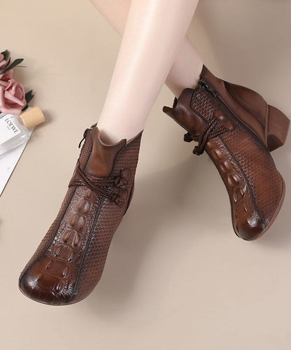Brown Crocodile Pattern Boots Chunky Cowhide Leather Boots