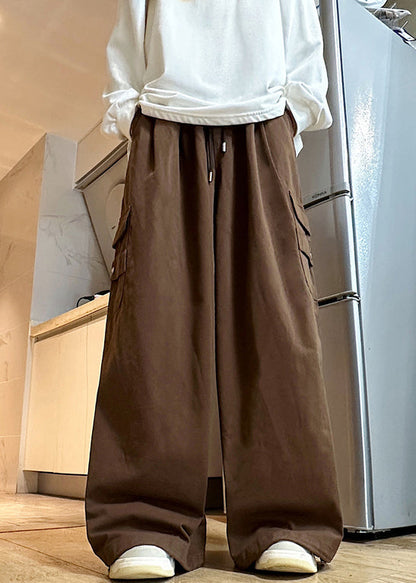 Brown Drawstring Cotton Wide Leg Pants Elastic Waist