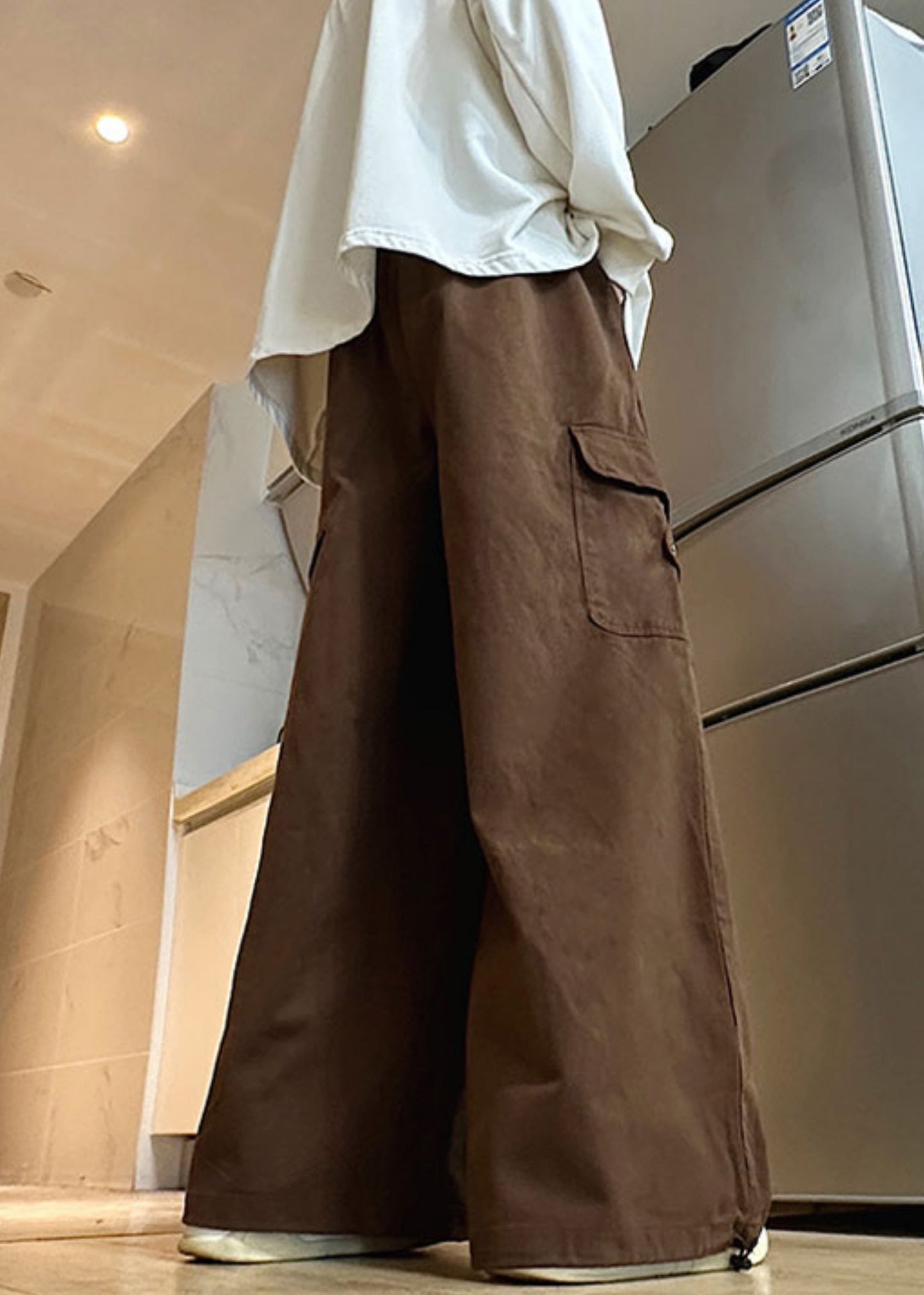 Brown Drawstring Cotton Wide Leg Pants Elastic Waist