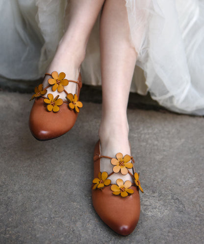Brown Flat Shoes for Cowhide Leather Splicing Pointed Toe