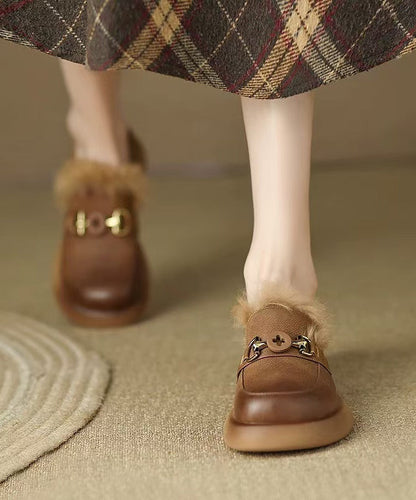 Brown Fuzzy Wool Lined Splicing Platform Loafers for