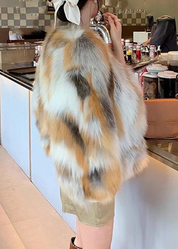 Brown Grey Leather and Fur Coats Coat V Neck