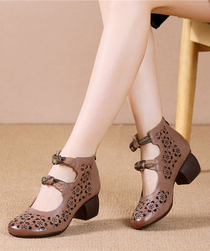Brown High Heels Chunky Cowhide Leather Hollow Out High Heels