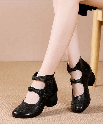 Brown High Heels Chunky Cowhide Leather Hollow Out High Heels