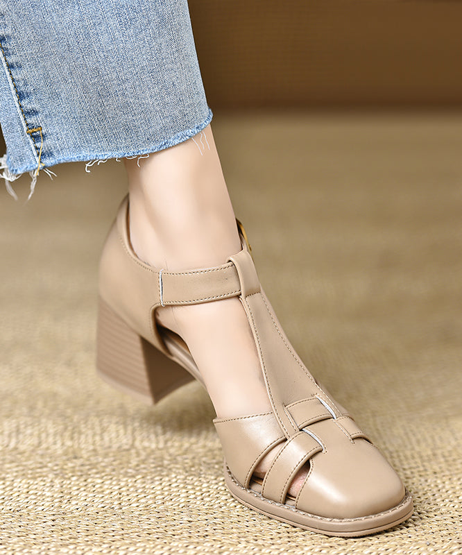 Brown Hollow Out Chunky Cowhide Leather Splicing Sandals