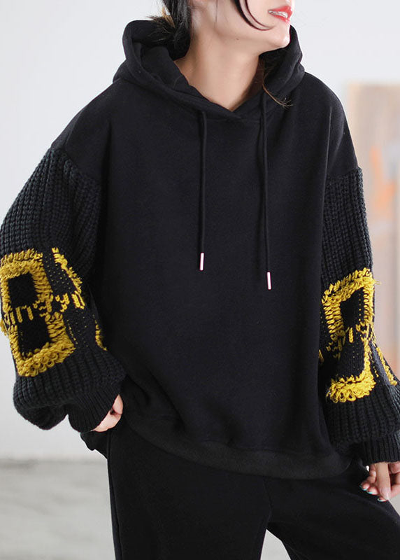 Brown Hooded Knit Patchwork Warm Fleece Sweatshirts Tracksuits Winter