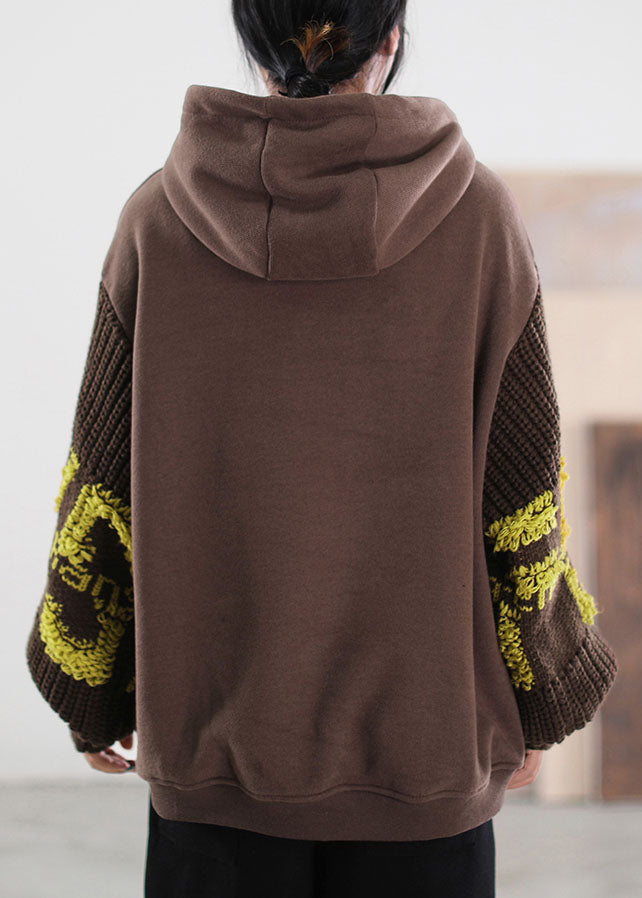 Brown Hooded Knit Patchwork Warm Fleece Sweatshirts Tracksuits Winter