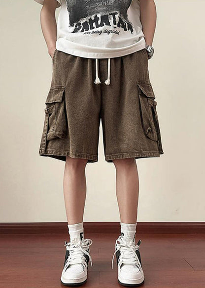 Brown Lace Up Denim Summer Shorts Elastic Waist