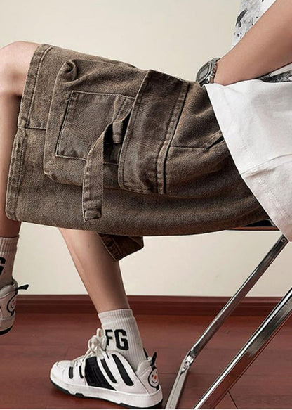 Brown Lace Up Denim Summer Shorts Elastic Waist