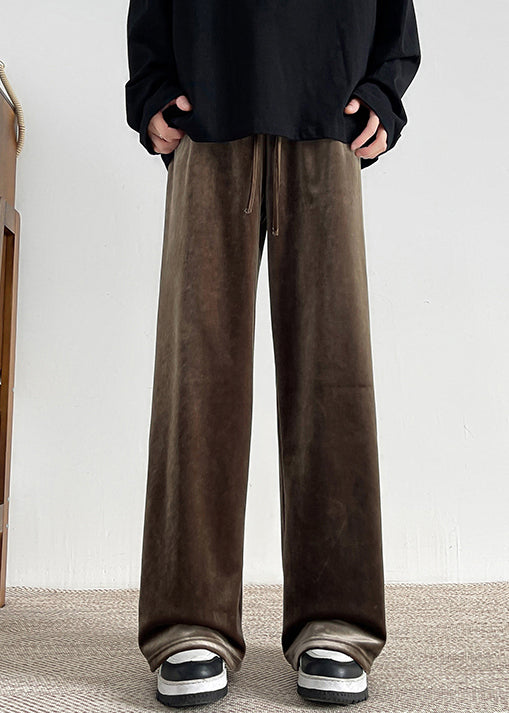Brown Lace Up Velour Wide Leg Pants Elastic Waist Spring