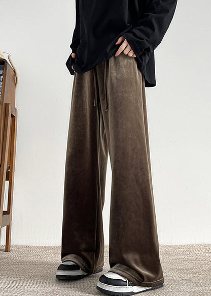 Brown Lace Up Velour Wide Leg Pants Elastic Waist Spring
