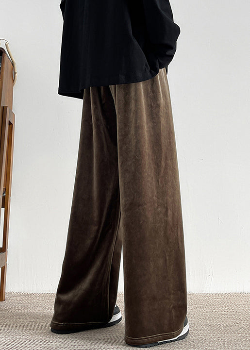 Brown Lace Up Velour Wide Leg Pants Elastic Waist Spring