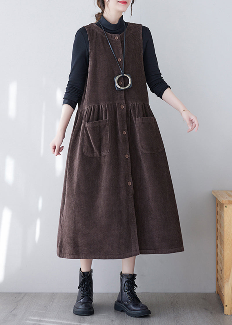 Brown Patchwork Corduroy Long Dress O-neck Pockets Sleeveless