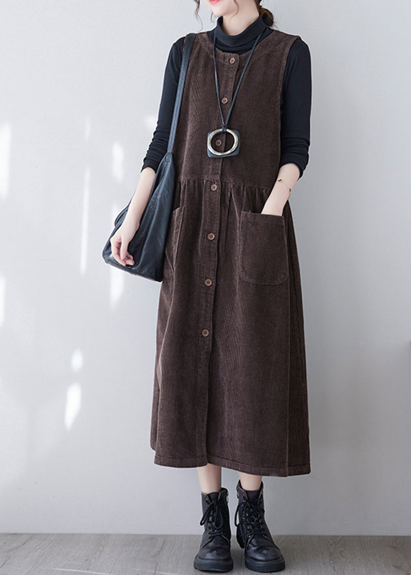 Brown Patchwork Corduroy Long Dress O-neck Pockets Sleeveless