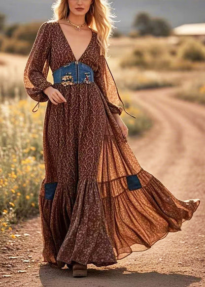 Brown Patchwork Cotton Maxi Dresses Cinched Exra Large Hem Spring