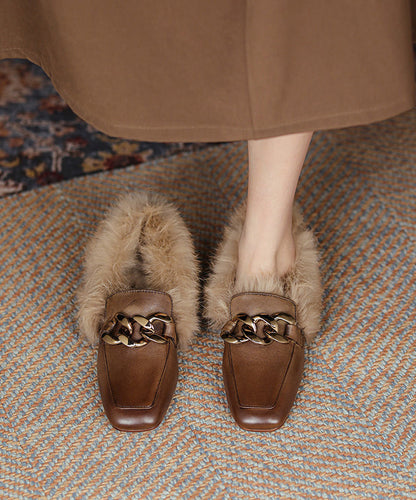 Brown Penny Loafers Cowhide Leather Splicing Fuzzy Wool Lined