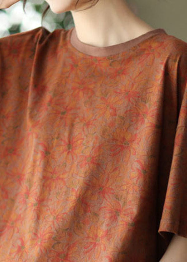 Brown Print Cotton Tanks O-neck Asymmetrical Batwing Sleeve