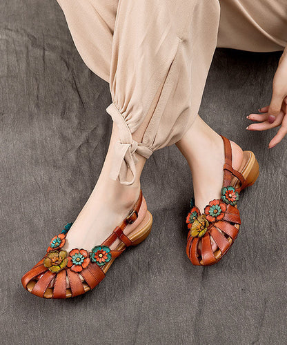 Brown Sandals Splicing Cowhide Leather Hollow Out Buckle Strap